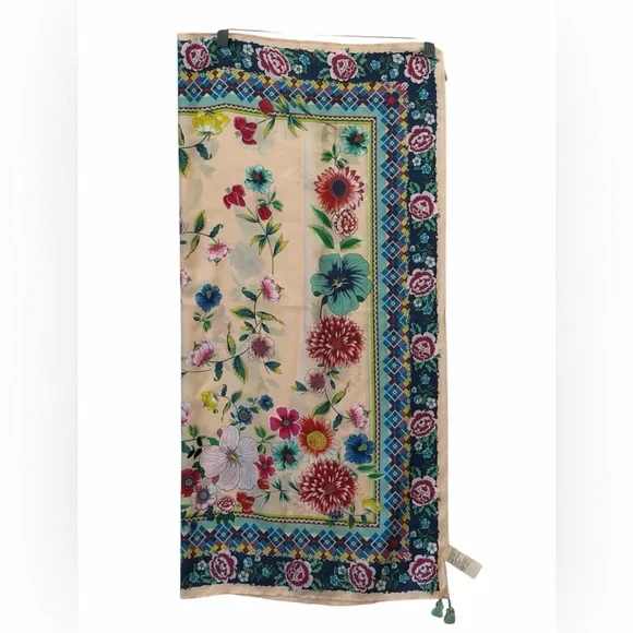 Johnny Was Nani silk scarf Cream Floral with Multicolor Border Tassels - Picture 4 of 6